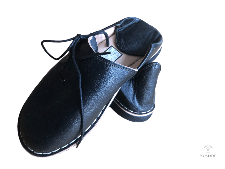 babouches homme femme cuir reglables a lacets noires
