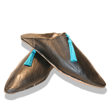 babouche pointue cuir noir pompon bleu