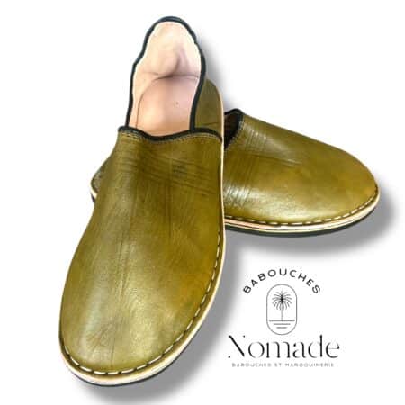 babouche berbère molletonnée cuir olive (1)