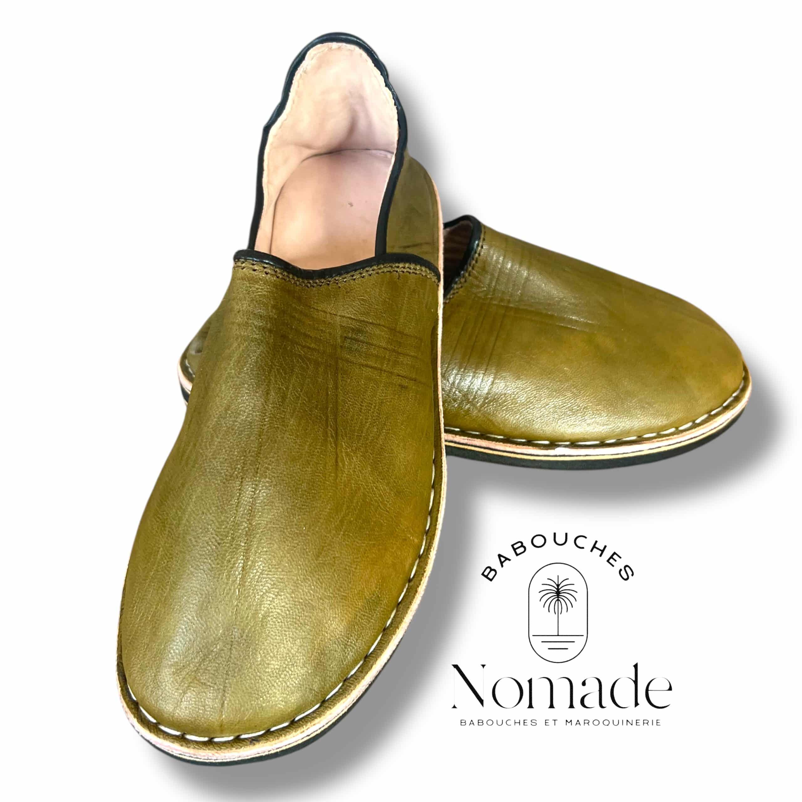 babouche berbère molletonnée cuir olive (1)