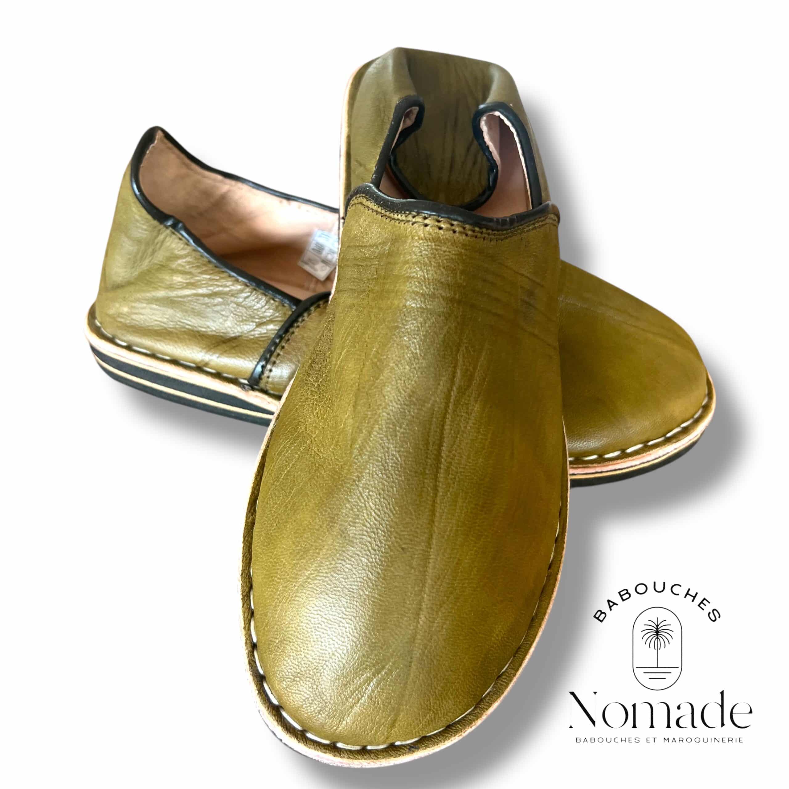 babouche berbère molletonnée cuir olive (5)