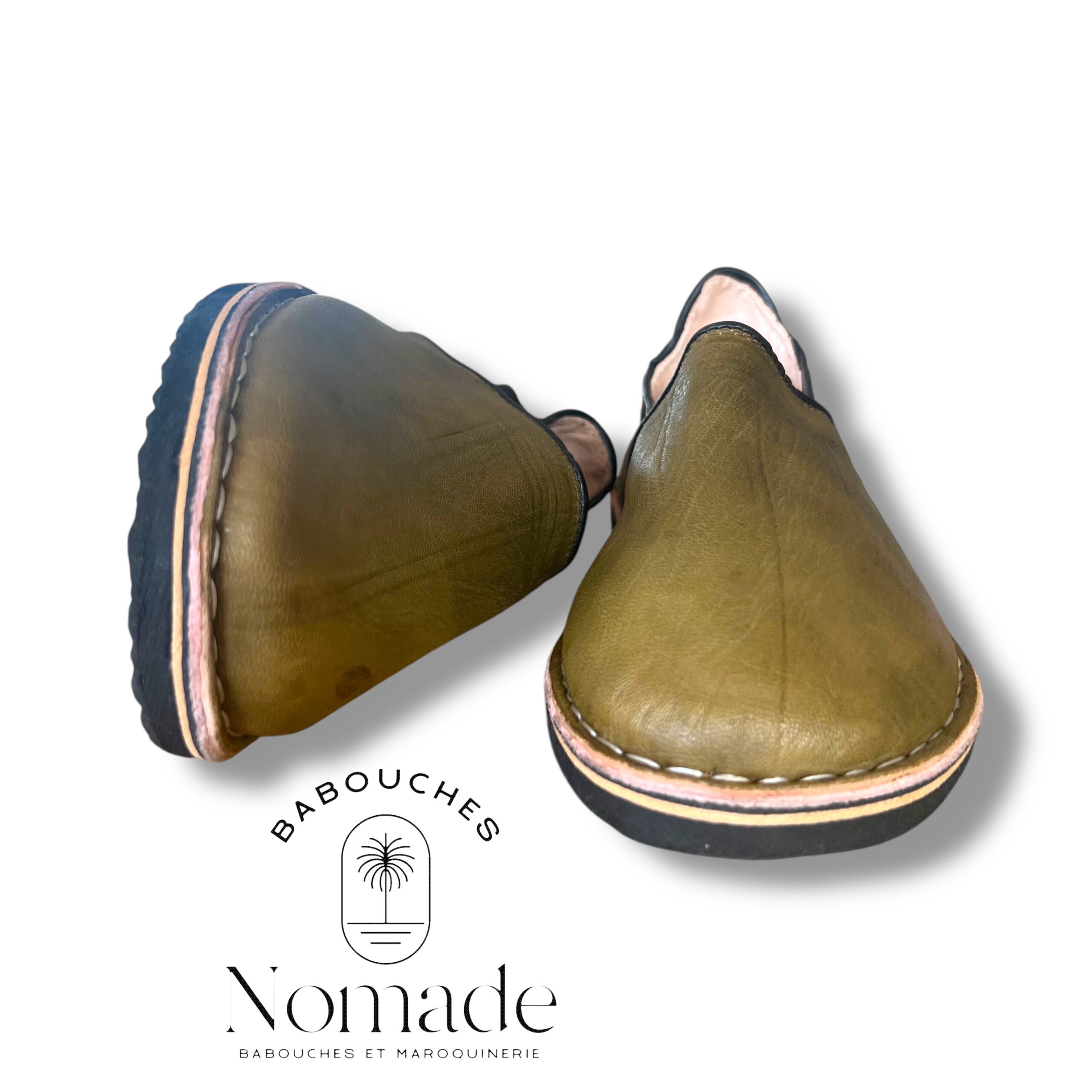 babouche berbère molletonnée cuir olive (6)
